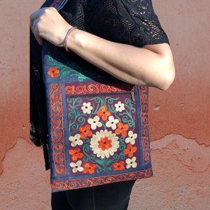 Orange & Purple Floral Embroidered Crossbody Purse